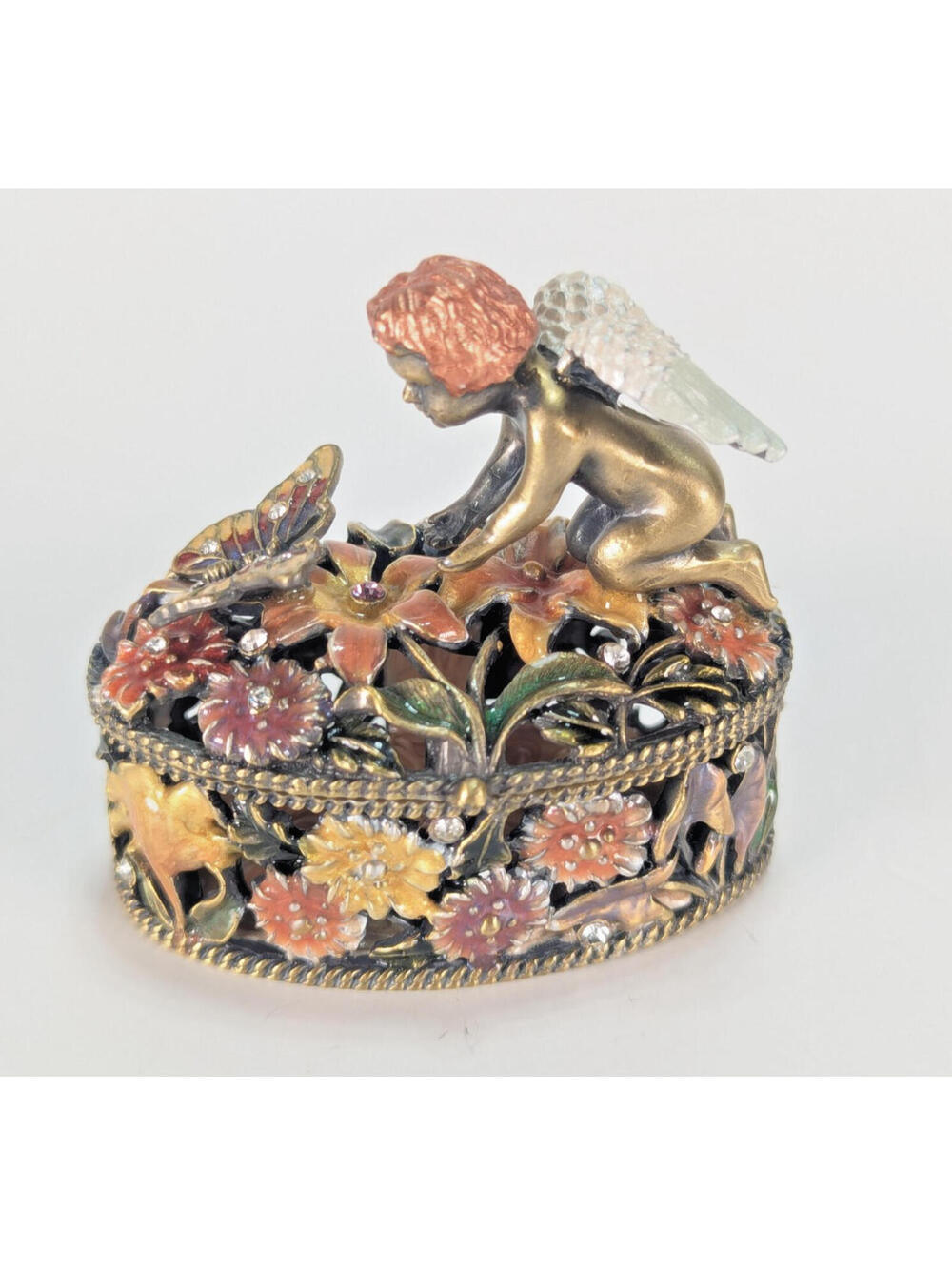 Enamel Jeweled Trinket Box Cherub & Butterfly Hinged Angel Flowers RegencyCory